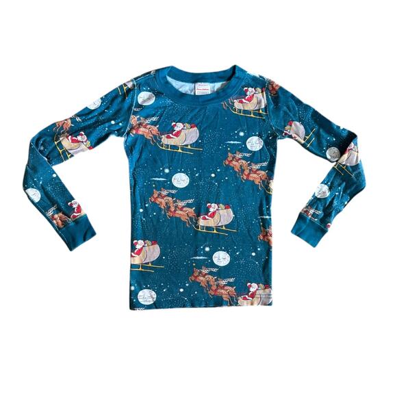 Hanna Andersson Blue SANTA REINDEER SLEIGH Long Sleeve Pajama Top Size 6-7 - Picture 1 of 5